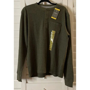 Members Mark Henley Army Green Medium Thermal Shirt Top Long Sleeve‎ Pocket NEW